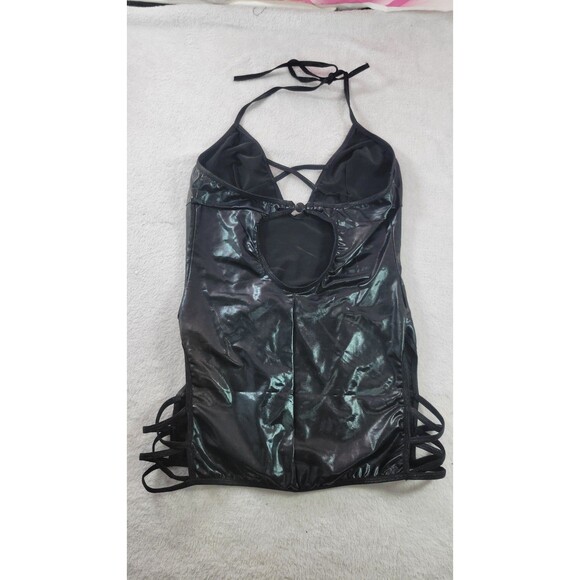 Exposed by Magic Silk Goth Black Faux Pleather Wet Look Mini Dress Lingerie S/M - Picture 2 of 9